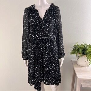 LOFT Black White Sheer Long Sleeve V Neck Belted Midi Dress Career Sz 12P #